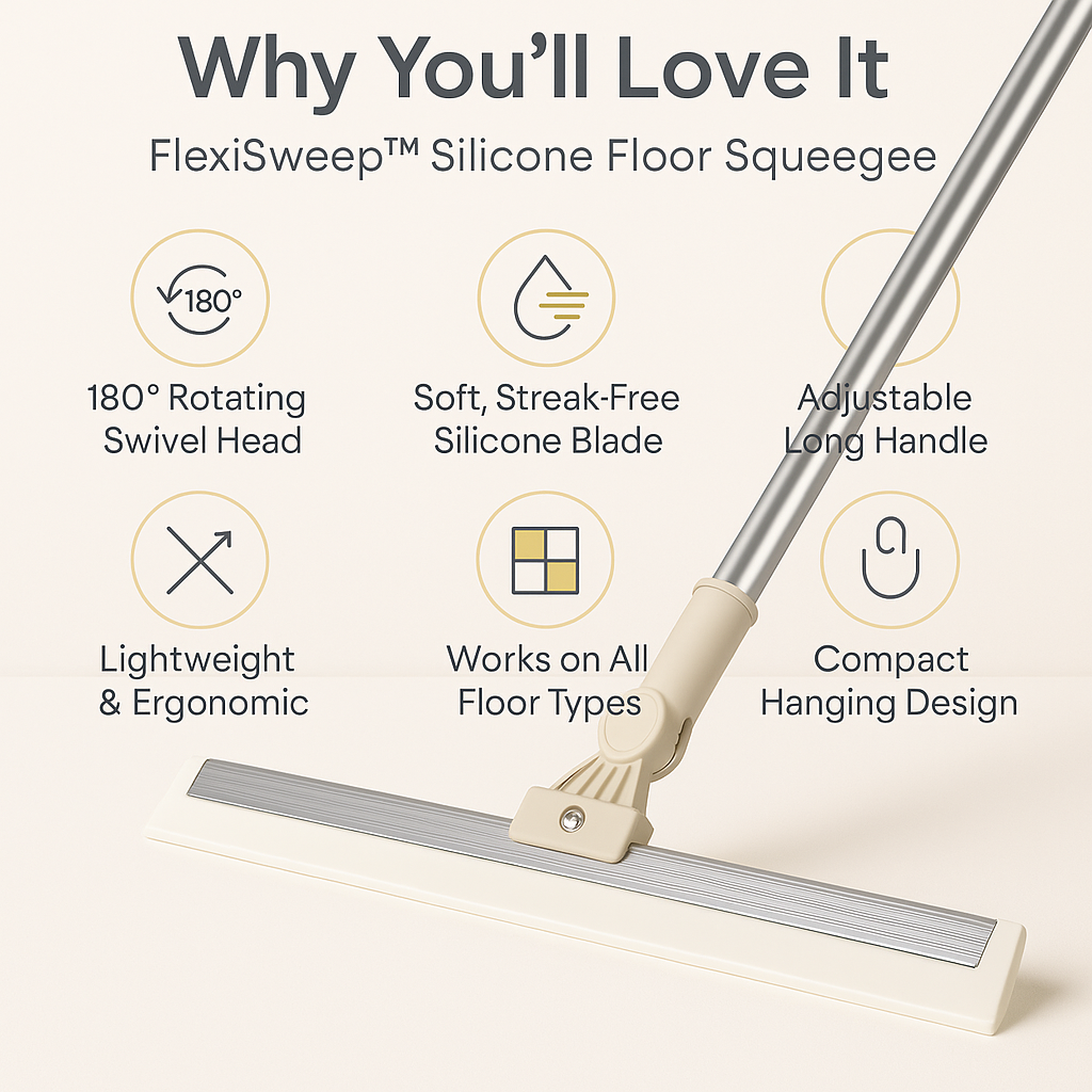 FlexiSweep™ – 180° Silicone Floor Squeegee with Adjustable Handle